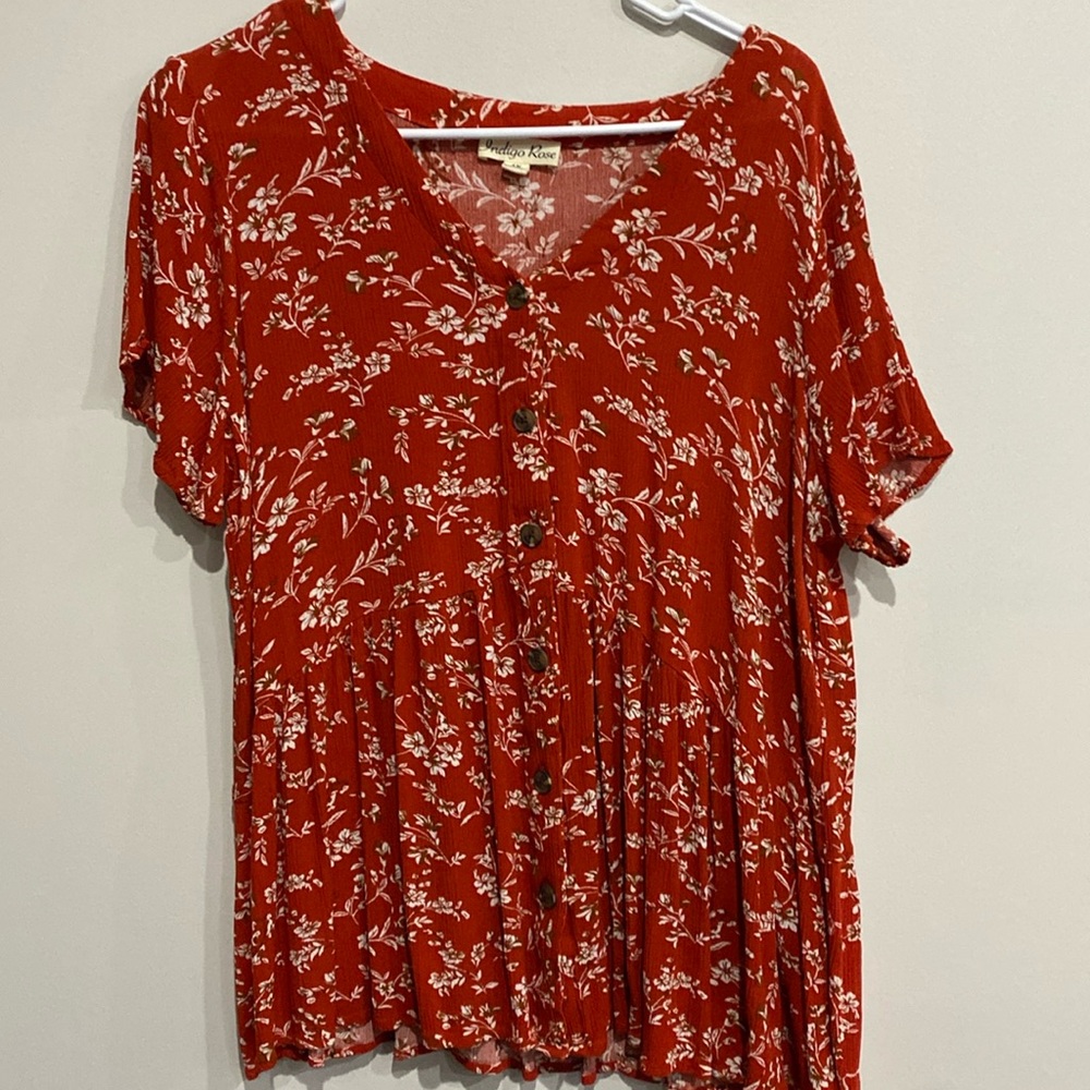 Plus size women’s floral peplum shirt button up front detail blouse